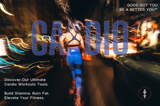 "Nighttime urban runner with blurred lights and bold 'CARDIO' text, showcasing energy, endurance, and fitness. Pivotal Workout promotes active lifestyles and peak performance through dynamic cardio and training solutions."